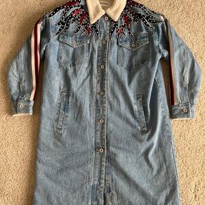 UOOYAA Embroidered Denim Jacket with Flames, Rhinestones